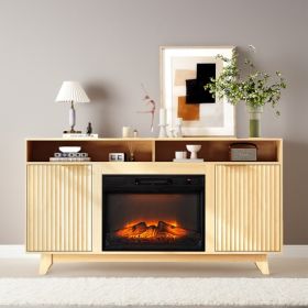 Oak Fireplace TV Stand with 23 Inch Insert, Double Grid Doors, Gold Handles & 2 Shelves, Media Console 58 x 13.6 x 32 Inch (Option: defaulttitle)