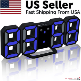 Digital 3D LED Big Wall Desk Alarm Clock Snooze 12/24 Hours Auto Brightness USB (Color: Black & Blue)
