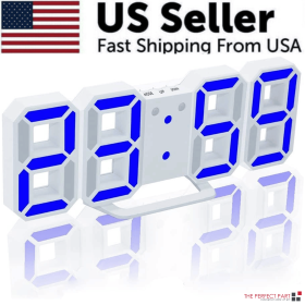 Digital 3D LED Big Wall Desk Alarm Clock Snooze 12/24 Hours Auto Brightness USB (Color: Blue)